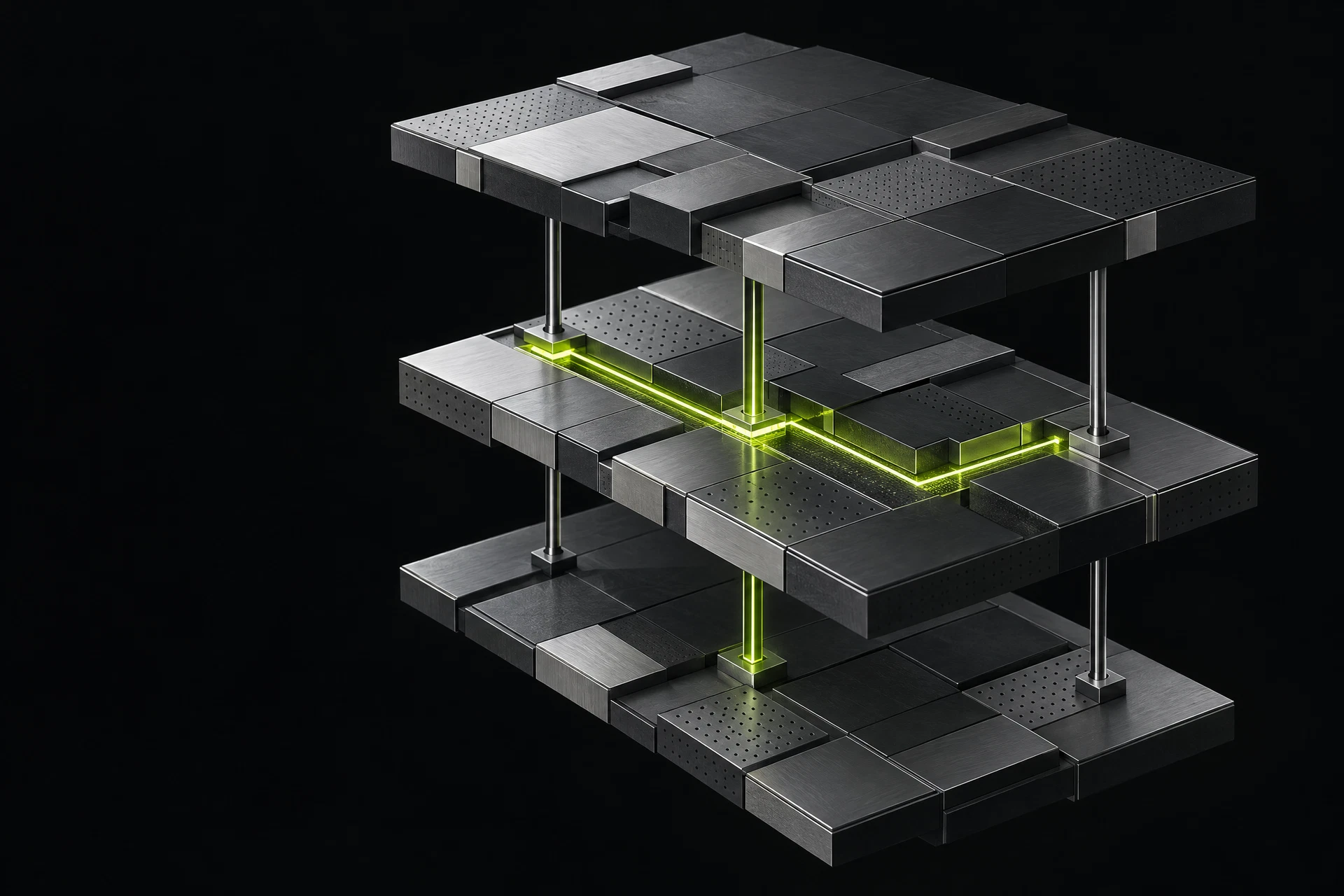 Conceptual modular software architecture: connected graphite layers and a precise lime signal path.